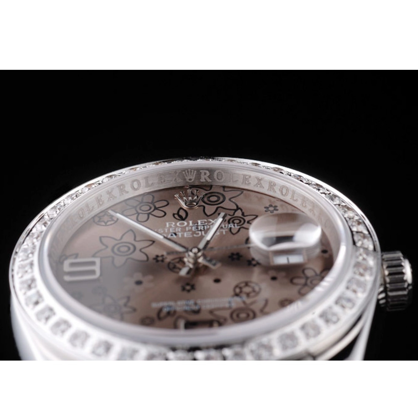 Aaa replica watch Brown Flowers Plated Datejust Dial Diamond Steel Rolex Stainless Polished 0606